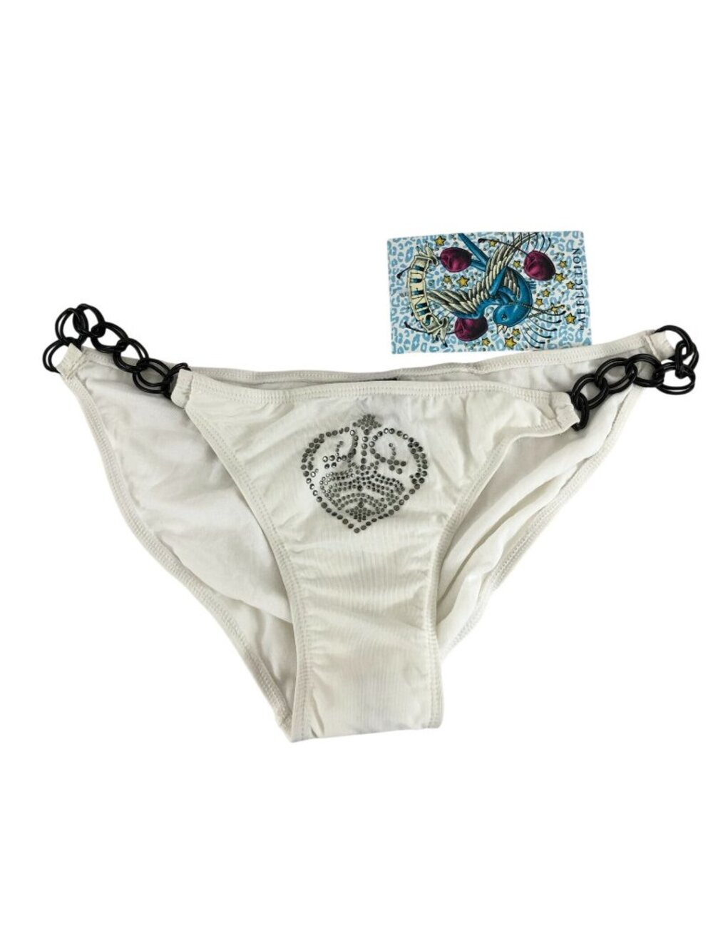 Sinful by Affliction Bikini Bottom Chain Rhinestones Heart Wings White Size M/L